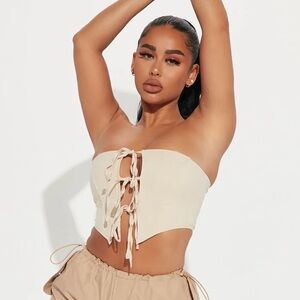 Fashion Nova Cream Lace-Up Corset Crop Top